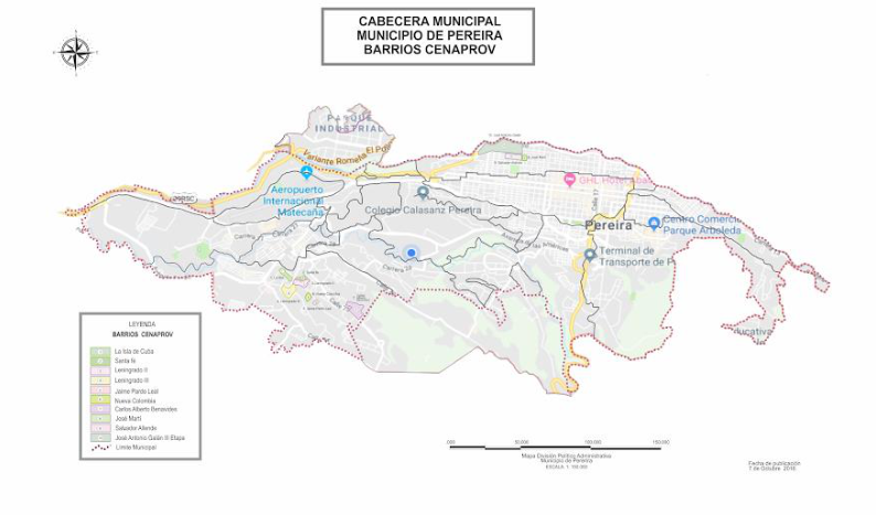 Figura 6. Mapa de Pereira y ubicación de los barrios construidos por CENAPROV