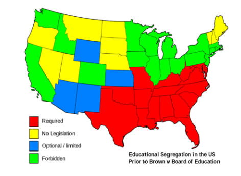 Racial Segregation in American Public Schools: In red, states that had such explicit racial separation laws