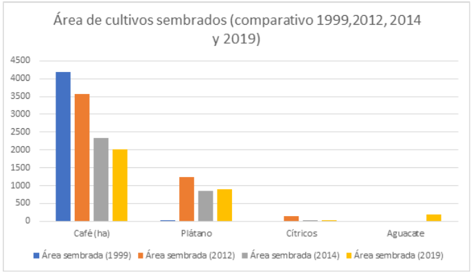 Figura 6. Área de cultivos sembrados (comparativo en hectáreas 1999, 2012, 2014 y 2019)
