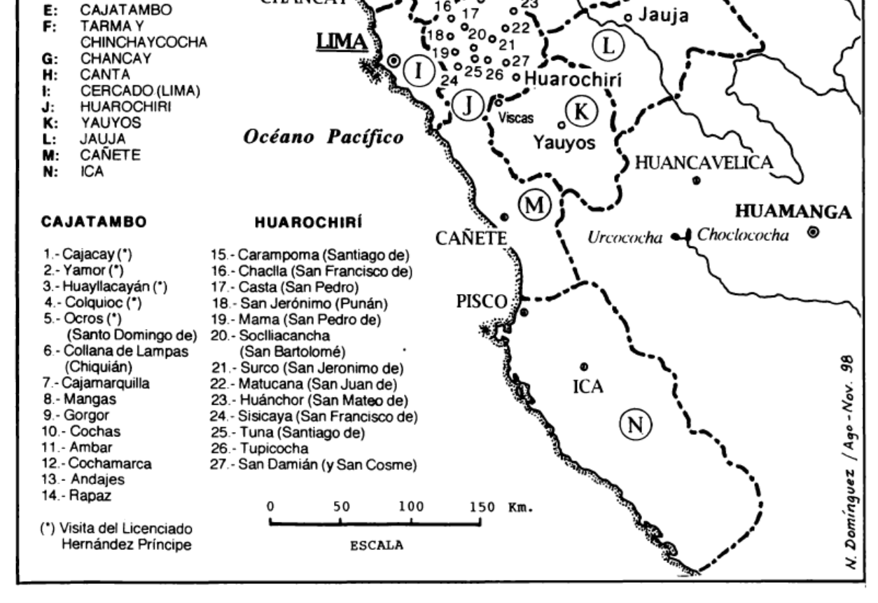 Mapa
de la jurisdicción eclesiástica colonial de Cañete, Yauyos y Huarochirí