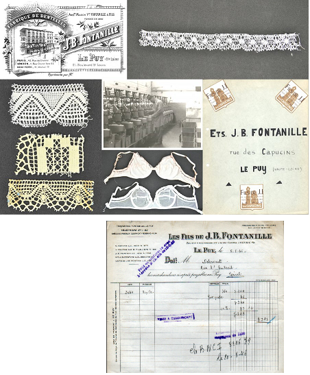 Documents sur les dentelles Fontanille
conservées par les Archives départementales de la Haute-Loire (Inventaire du
fonds des établissements Fontanille) et une facture de 1946
