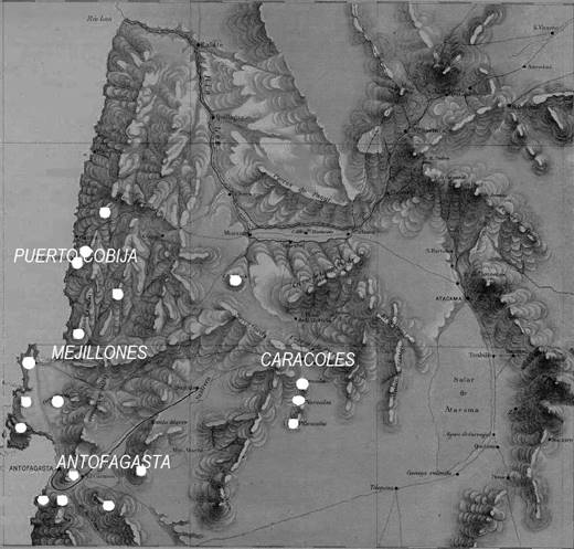 Mapa en el que aparecen
señaladas algunas aguadas (fuentes de obtención de agua) en la Provincia de
Atacama.