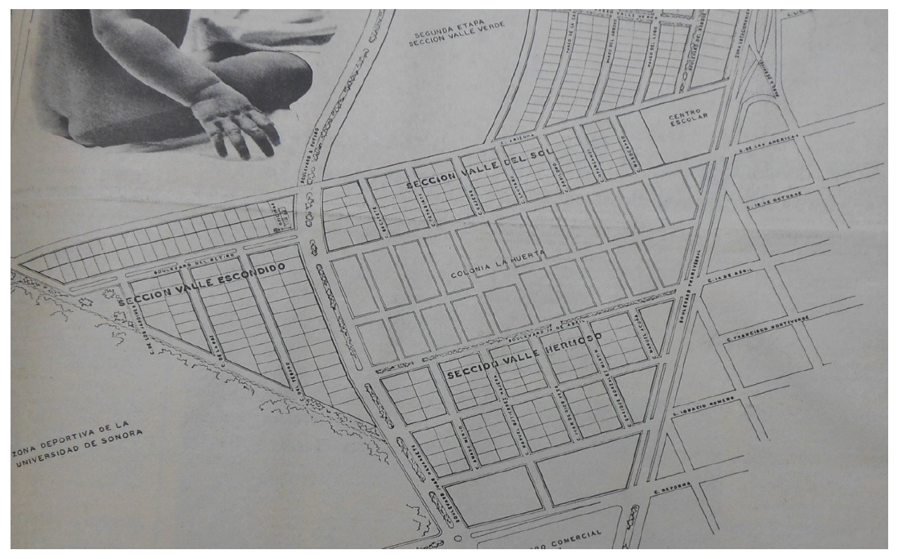 Figura 3. Croquis del fraccionamiento La Huerta y los nuevos proyectos inmobiliarios, Hermosillo, 1973