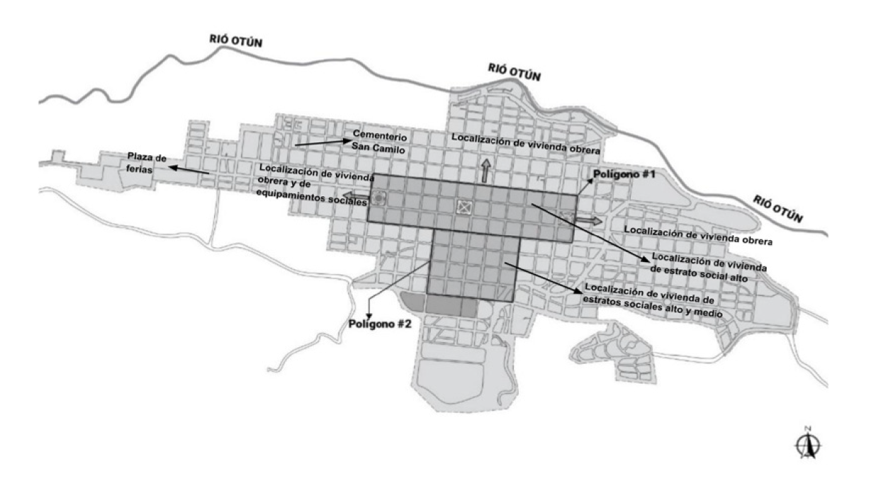 Figura 4. Pereira con localización de áreas donde se acentúa la presencia de vivienda obrera,
						1946