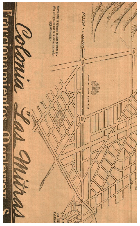 Figura 3. Croquis promocional de la Colonia Mitras en la década de 1940. Se aprecia el
						Hospital Civil como atractivo de urbanización y su terreno colindante aún despejado
